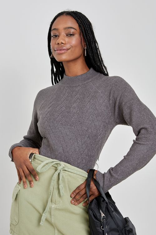Fem rom frl066e top ml tricot raglan cin cinza escuro