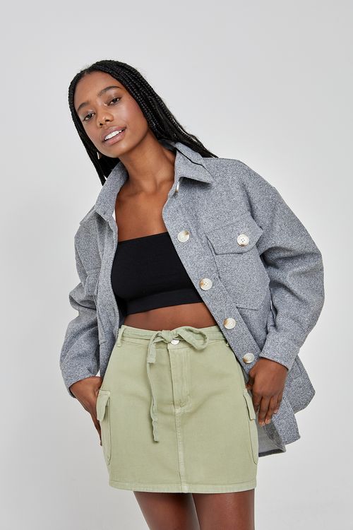 Fem fsh ffj009 casaco oversiz fake wool cinza escuro mescla
