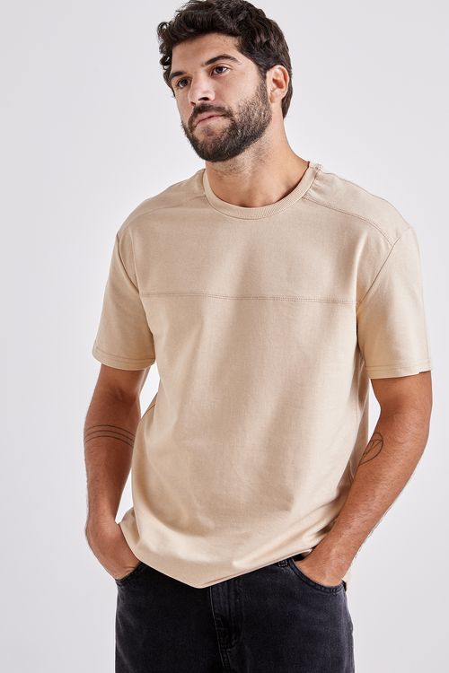 Camiseta masc m/c lisa moletinho mostard bege