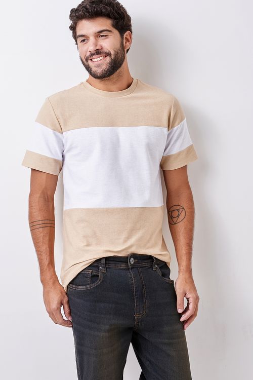 Camiseta masc m/c recorte bco malhão beg bege claro
