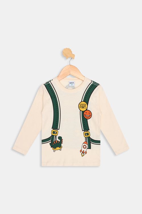 Camiseta Infantil Caedu Good Vibes Dinossauro Manga Longa Bege