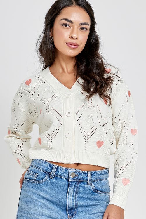 Fem rom frg002 cardigan tricot corações off white