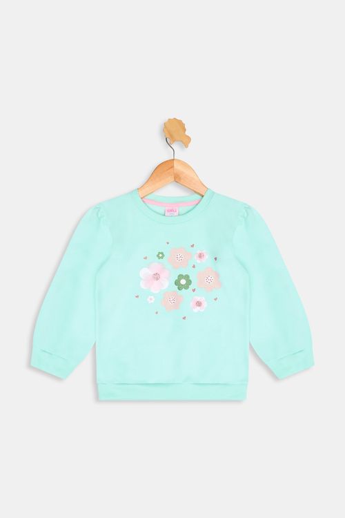 Moletom Infantil Caedu Floral Manga Bufante Verde Aqua