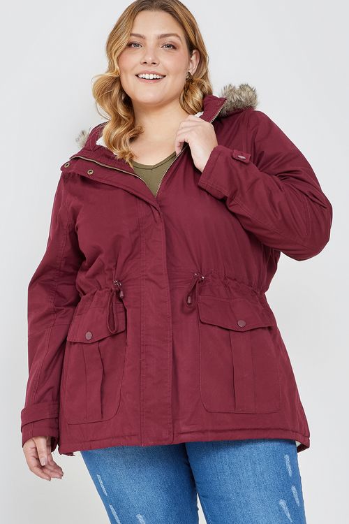 Fem csl fpm fgj008 parka capuz pelo verm vermelho escuro