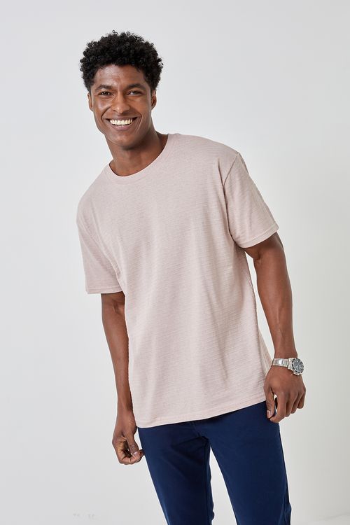 Camiseta Masculina Rosa Claro Maquinetada com Listras Horizontais