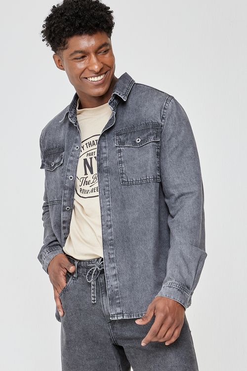 Camisa Jeans Masculina Preta Denim Premium Confortável