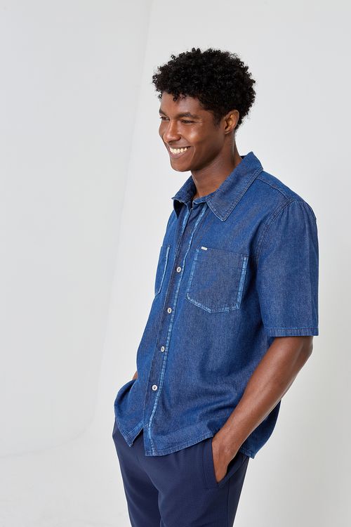 Camisa Jeans Masculina Escura Manga Curta Casual