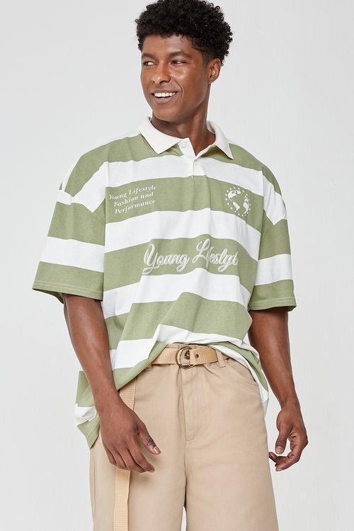 Polo Masculina Caedu Listrada Verde Médio Estilo Trendy