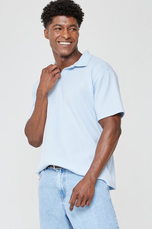 Polo Masculina Caedu Azul Claro Casual Meia Malha