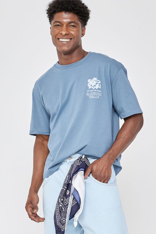 Camiseta Masculina Caedu Algodão Estampa Box Azul Médio