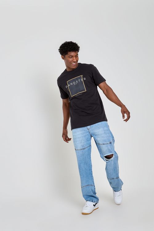 Calça Jeans Masculina Azul Claro com Recortes e Rasgo no Joelho