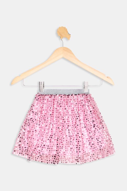 Saia Infantil Menina Rosa Paetê Brilhante Cós Prateado