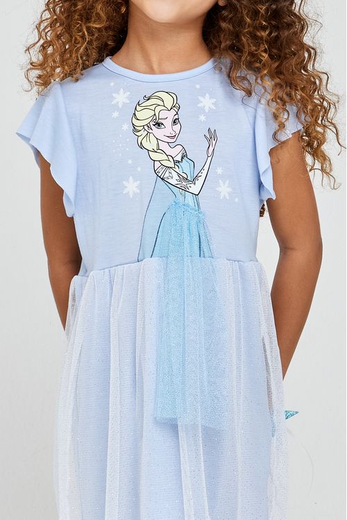 Camisola Infantil Menina Azul Gelo Estampa Elsa e Flocos de Neve