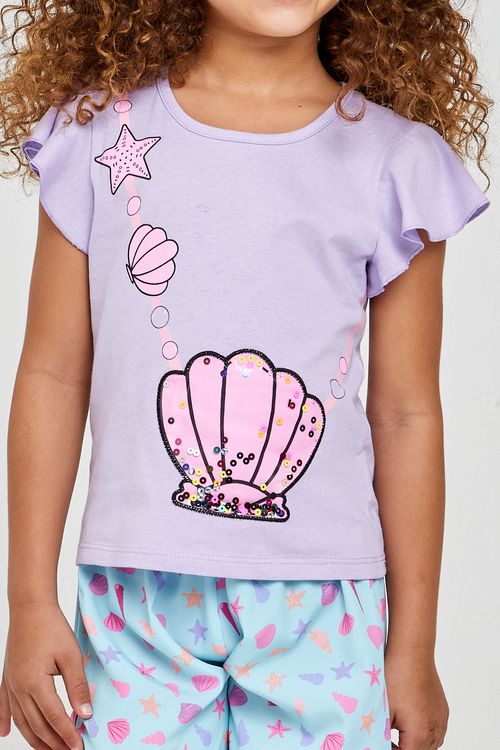 Blusa Infantil Menina Lilás Concha Sereia Brilhante Babado