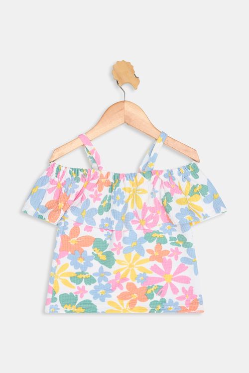 Blusa Infantil Menina Off White Floral Babado Ombro a Ombro