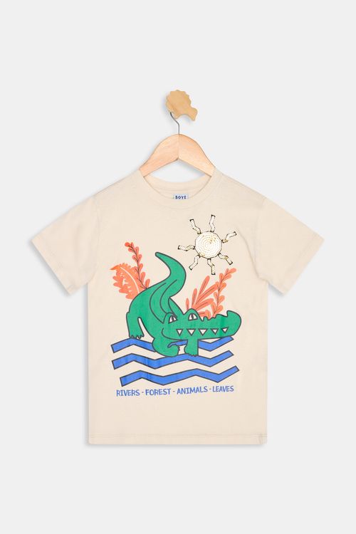 Camiseta Infantil Menino Bege Jacaré Tropical e Sol Lantejoulas