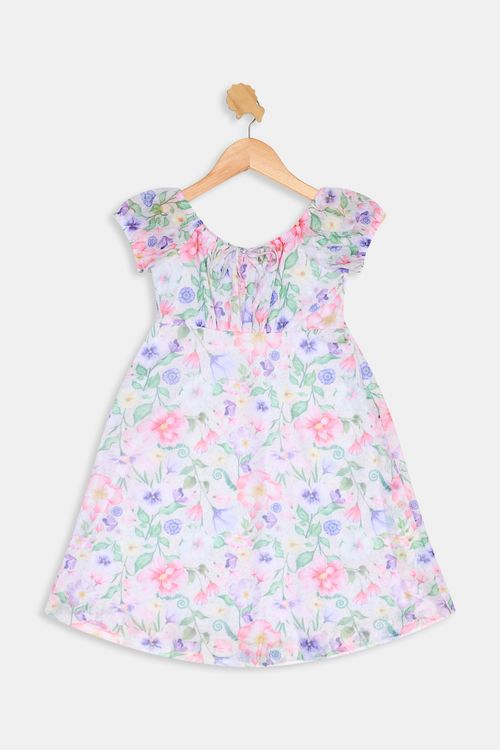 Vestido Infantil Menina Floral de Tule Decote Amarração