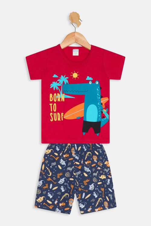 Conjunto Infantil Caedu Tigre Surf Camiseta Vermelha Short Animais