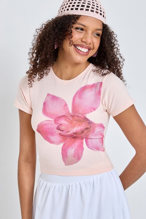 Blusa Cropped Feminina Caedu Estampa Orquídea Rosa Claro