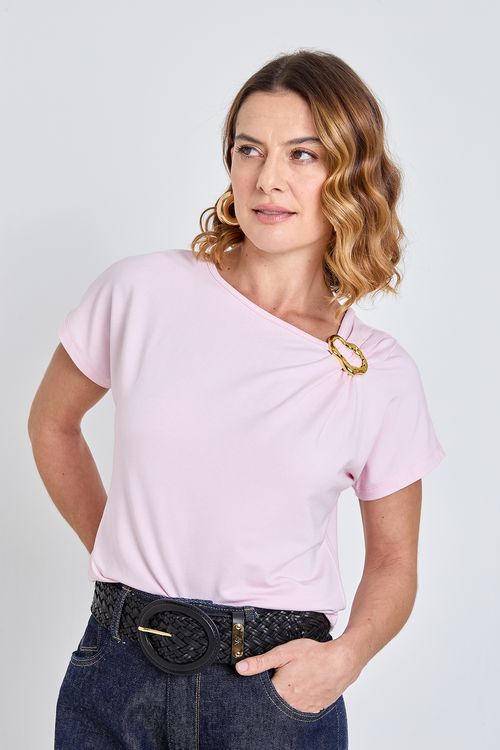 Blusa Feminina Caedu Moletinho Rosa Claro Detalhe Dourado