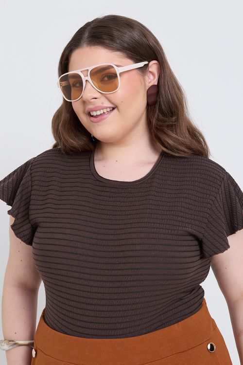 Blusa Feminina Caedu com Babado Marrom Escuro