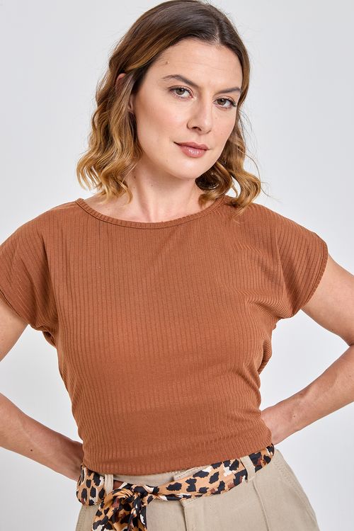 Blusa Feminina Caedu Ribana Manga Curta Marrom Claro