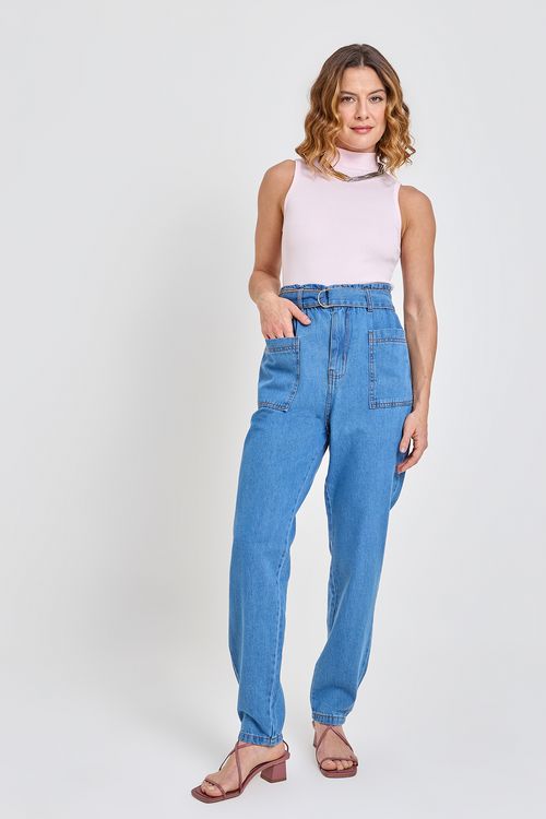 Calça Mom Jeans Feminina Caedu com Cinto Azul Médio