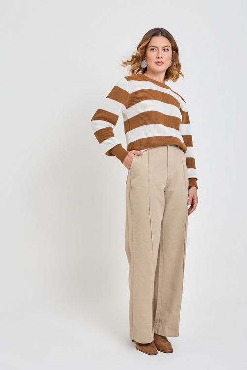 Calça Feminina Wide Leg Sarja com Friso Bege Claro Caedu