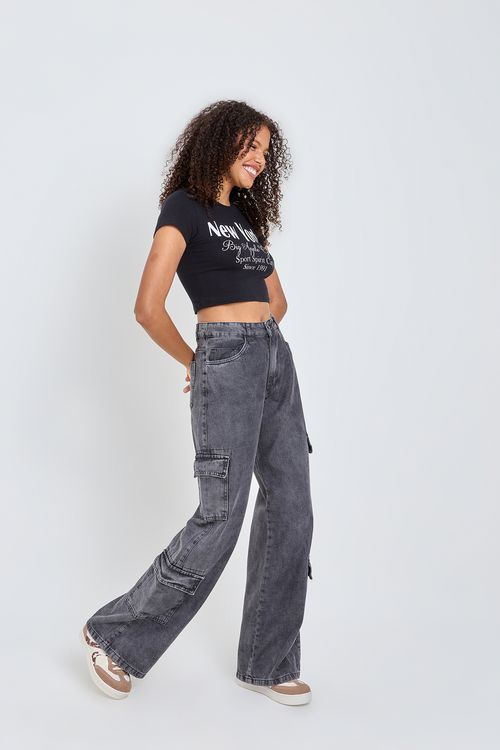 Calça Jeans Cargo Feminina Caedu Wide Leg Preta 4 Bolsos