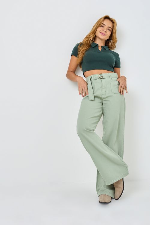 Calça Feminina Wide Leg Sarja Cinto Verde Médio Caedu