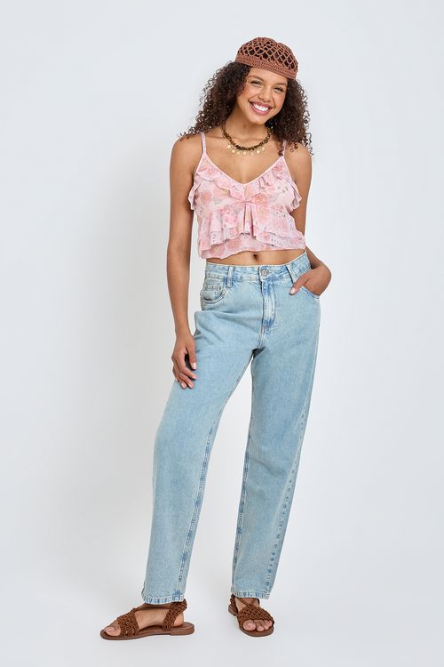 Calça Jeans Feminina Reta Relaxed Azul Claro