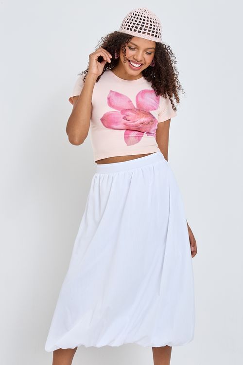 Saia Midi Balonê Tricoline Branca Caedu