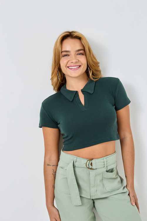 Top Cropped Polo Feminino Caedu Verde Escuro