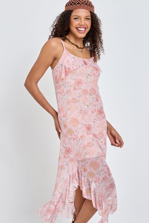Vestido Midi Feminino Rosé Floral de Tule
