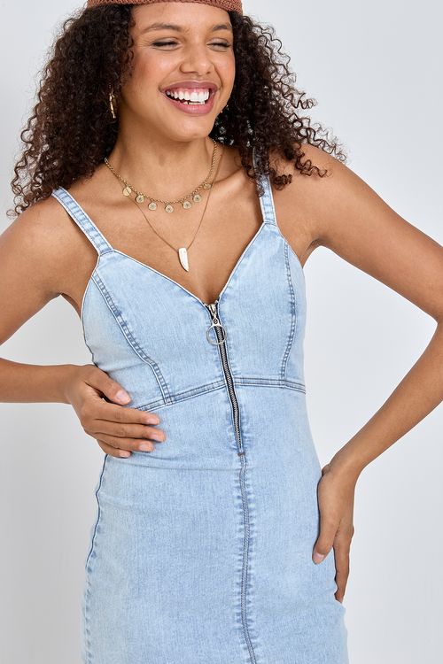 Vestido Jeans Feminino Caedu Justo Zíper Azul Médio