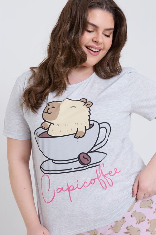 Pijama Curto Caedu Capivara Cinza Mescla Confortável