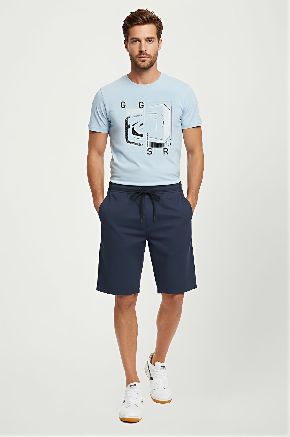 Bermuda Masculina Cós Elástico Azul Médio Caedu - imagem 1