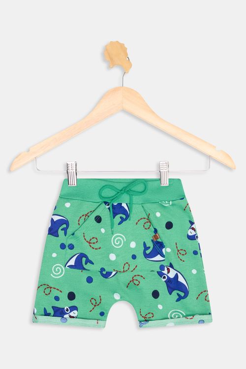 Bermuda Infantil Caedu Tubarões Verde Moletom Estampada