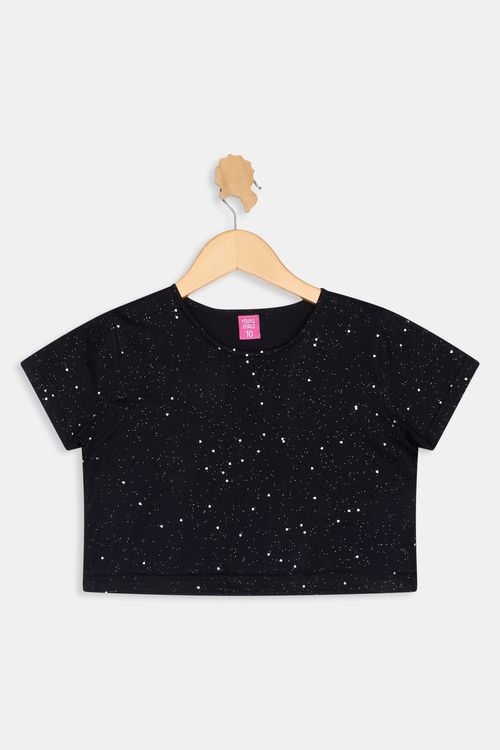 Blusa Cropped Infantil Glitter Estrelas Preta Caedu