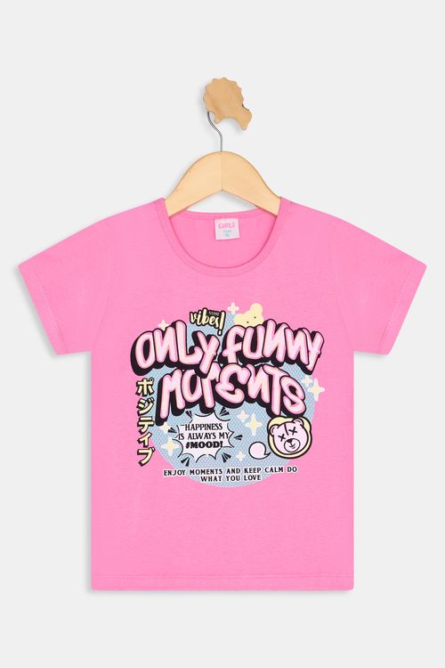 Blusa Infantil Caedu Cotton Rosa Médio Estampa Funny Moments