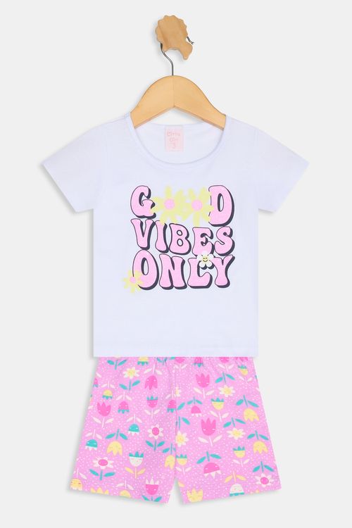 Conjunto Infantil Caedu Good Vibes Camiseta Branca Shorts Floral
