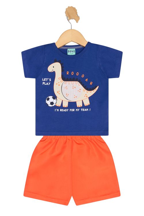 Conjunto Infantil Caedu Dinossauro Azul e Short Laranja Tactel