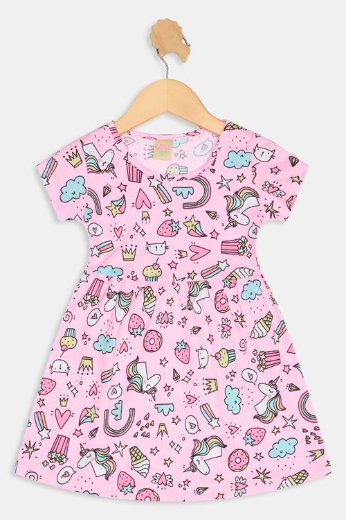 Vestido Infantil Caedu Estampado Unicórnio Rosa Meia Malha