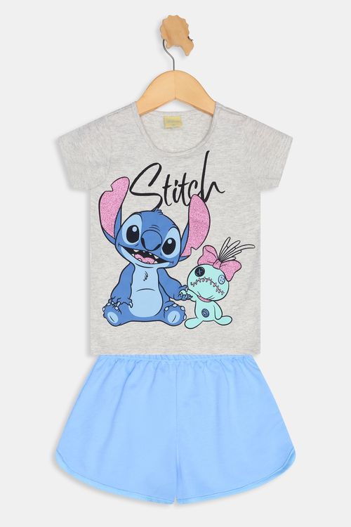 Conjunto Infantil Stitch Caedu Estampado Mescla Azul 4-10 Anos