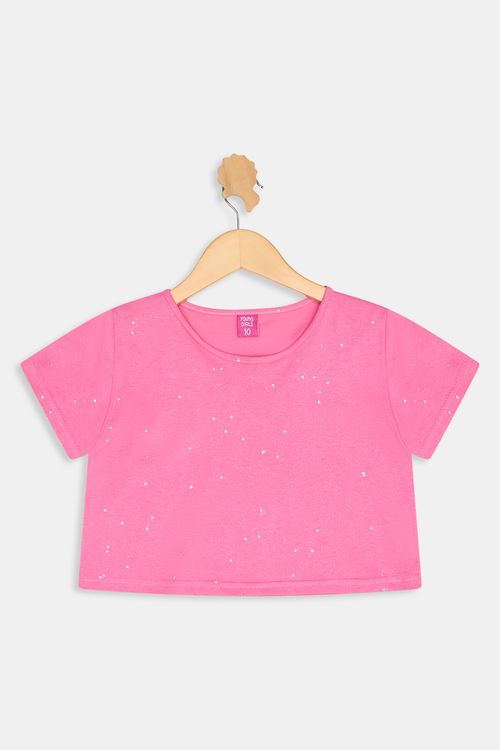 Blusa Infantil Caedu Cropped Rosa Médio com Glitter
