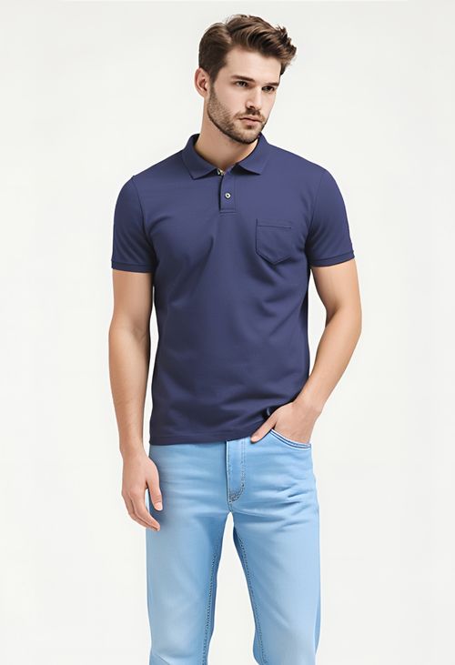 Polo Masculina Caedu Piquet Bolso Manga Curta Azul Médio