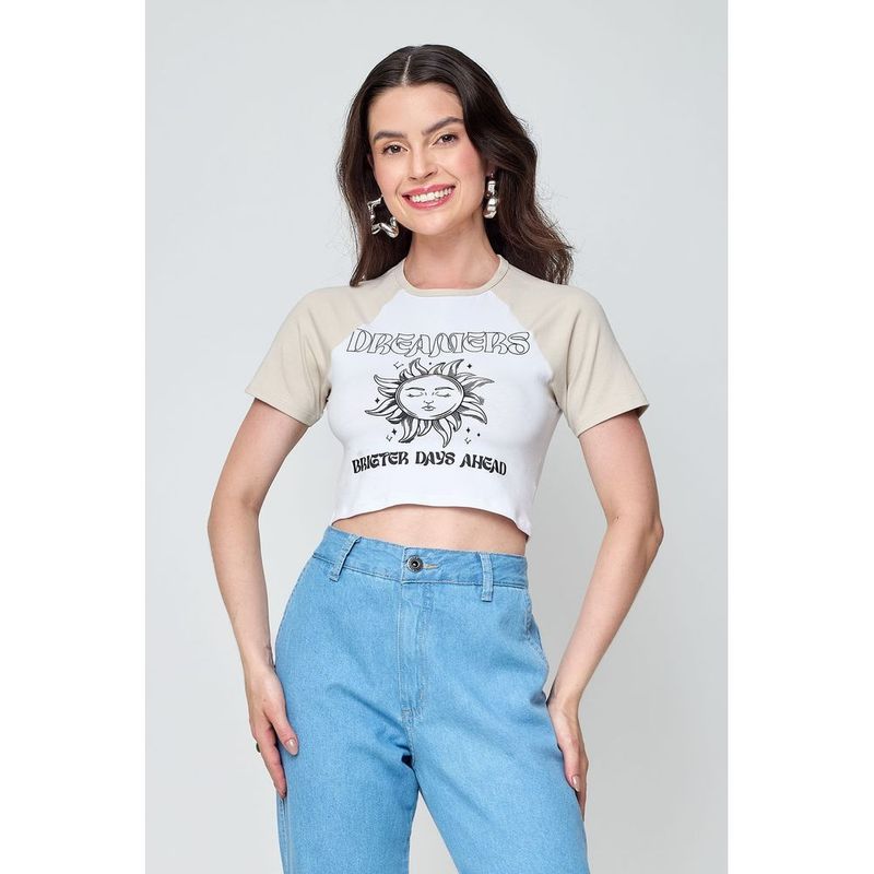 Blusa Cropped Feminina Caedu Raglan Estampada Branca 0