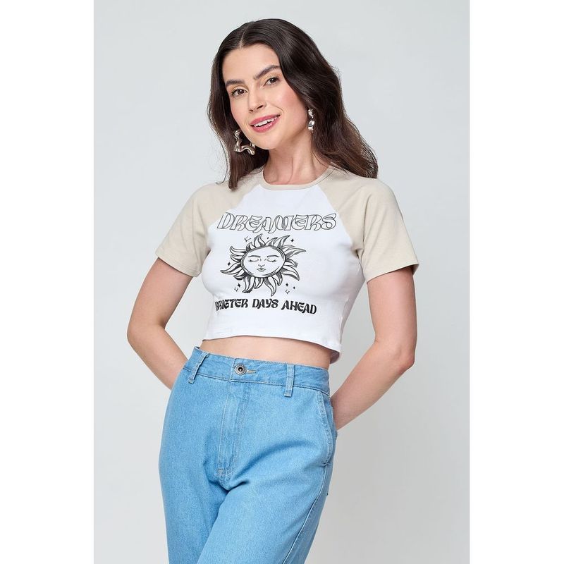 Blusa Cropped Feminina Caedu Raglan Estampada Branca 1