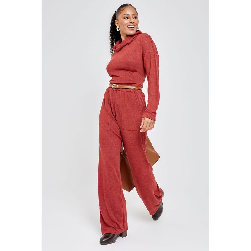 Cal a Feminina Caedu Tricot Wide Leg Laranja Terra Bolso 0