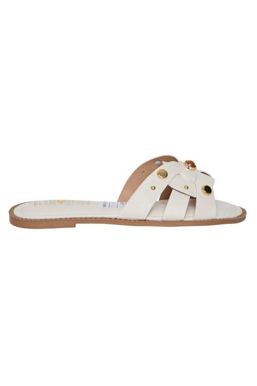 Rasteira Feminina Off White Tiras Trançadas Douradas
